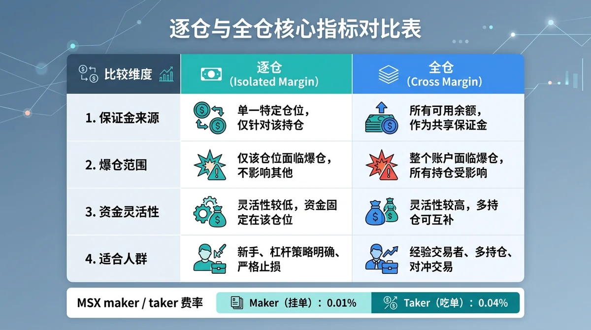 逐仓与全仓核心指标对比表：包含保证金来源、爆仓范围、资金灵活性、适合人群四个维度，两列分别对应逐仓与全仓，搭配颜色区分，底部标注 MSX maker/taker 费率