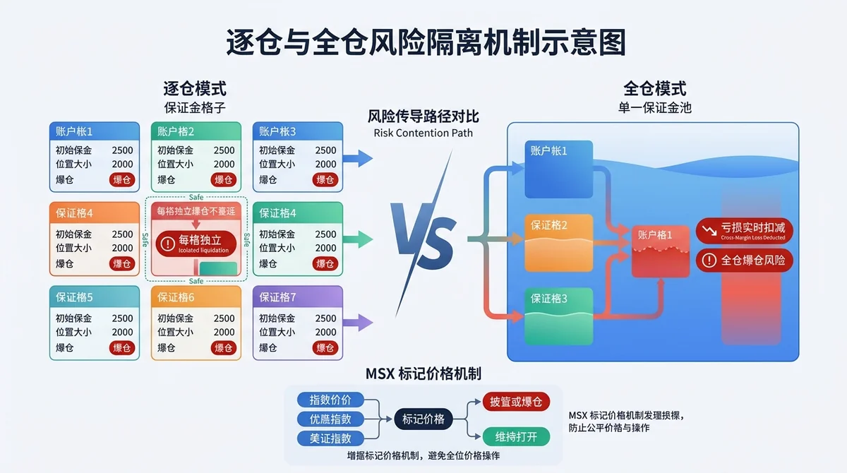 逐仓与全仓风险隔离机制示意图：左侧展示逐仓模式下多个独立保证金格子（每格独立爆仓不蔓延），右侧展示全仓模式下单一保证金池（亏损实时扣减），中间箭头对比两者风险传导路径，底部标注 MSX 标记价格机制
