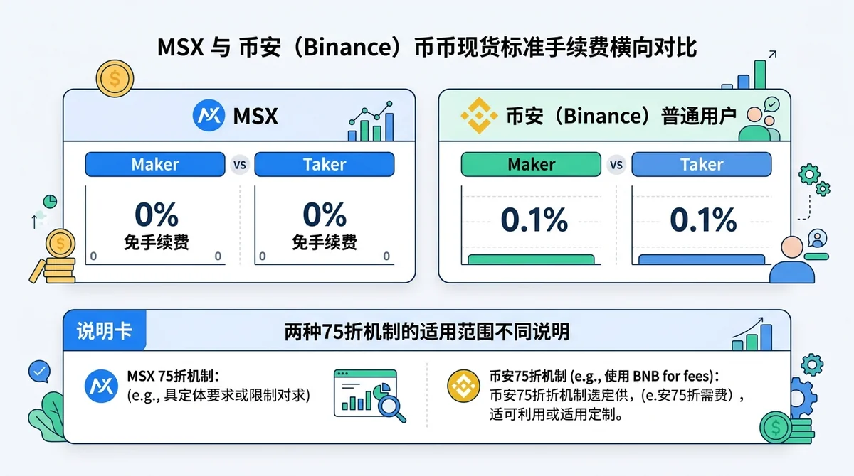 MSX与币安币币现货标准手续费横向对比图，分别展示Maker和Taker费率：MSX均为0，币安普通用户均为0.1%；下方用独立说明卡标注两种75折机制的适用范围不同。