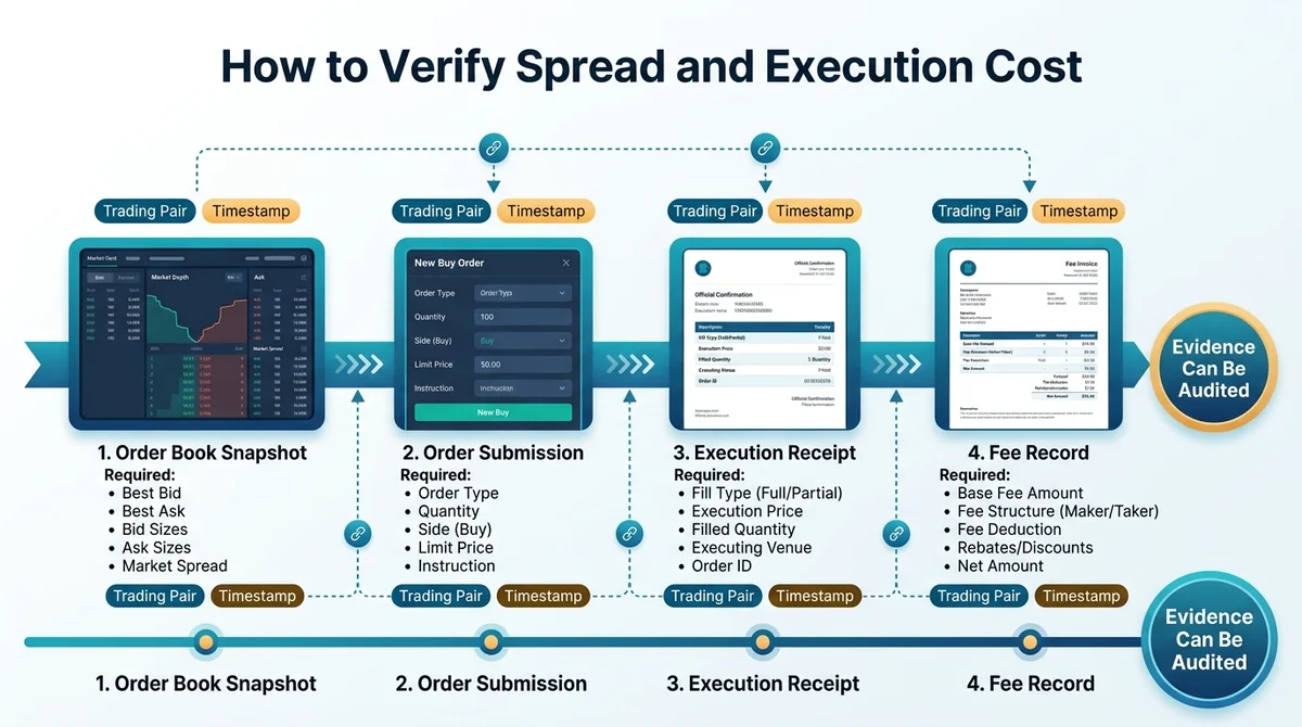 Wide 16:9 horizontal process infographic showing a four-stage synchronized evidence chain: “1. Order Book Snapshot,” “2. Orde