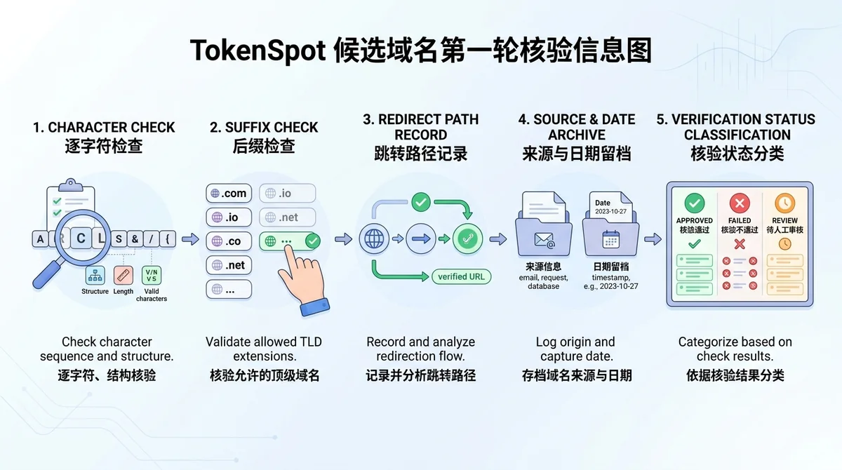 TokenSpot候选域名第一轮核验信息图,横向展示逐字符检查、后缀检查、跳转路径记录、来源与日期留档以及核验状态分类,不填入任何实际域名。
