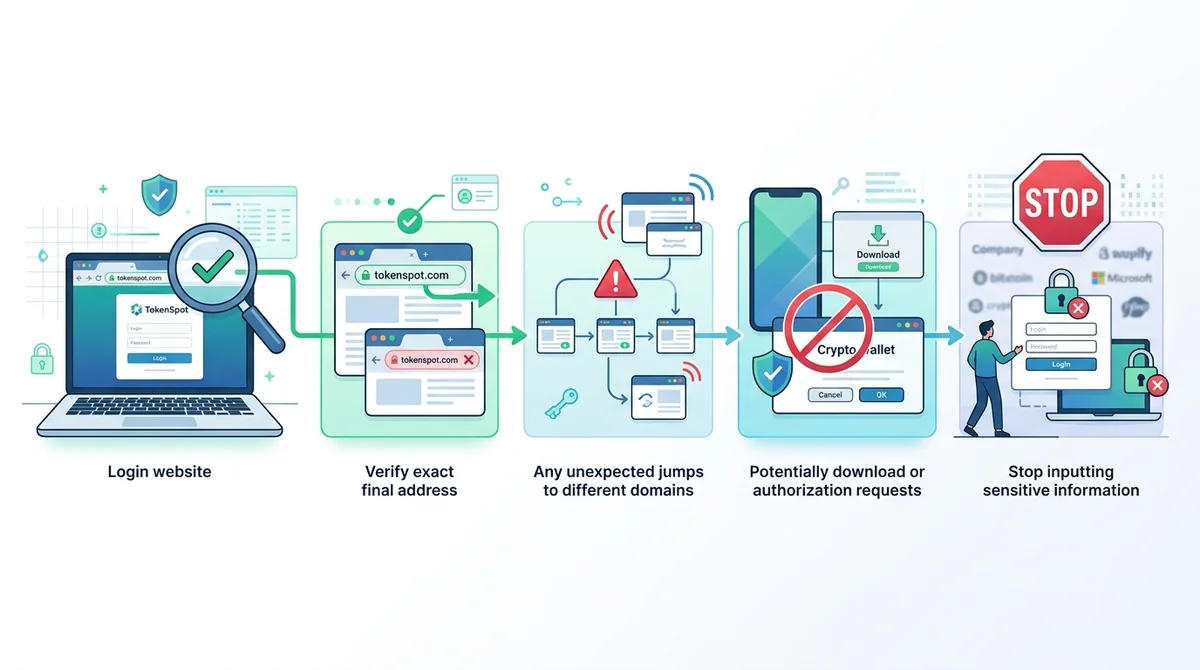 TokenSpot登录页面安全检查信息图,展示从已核验官网导航进入、核对最终地址、记录跨域跳转与弹窗、检查下载或钱包授权请求,以及归属不明时停止输入敏感信息。