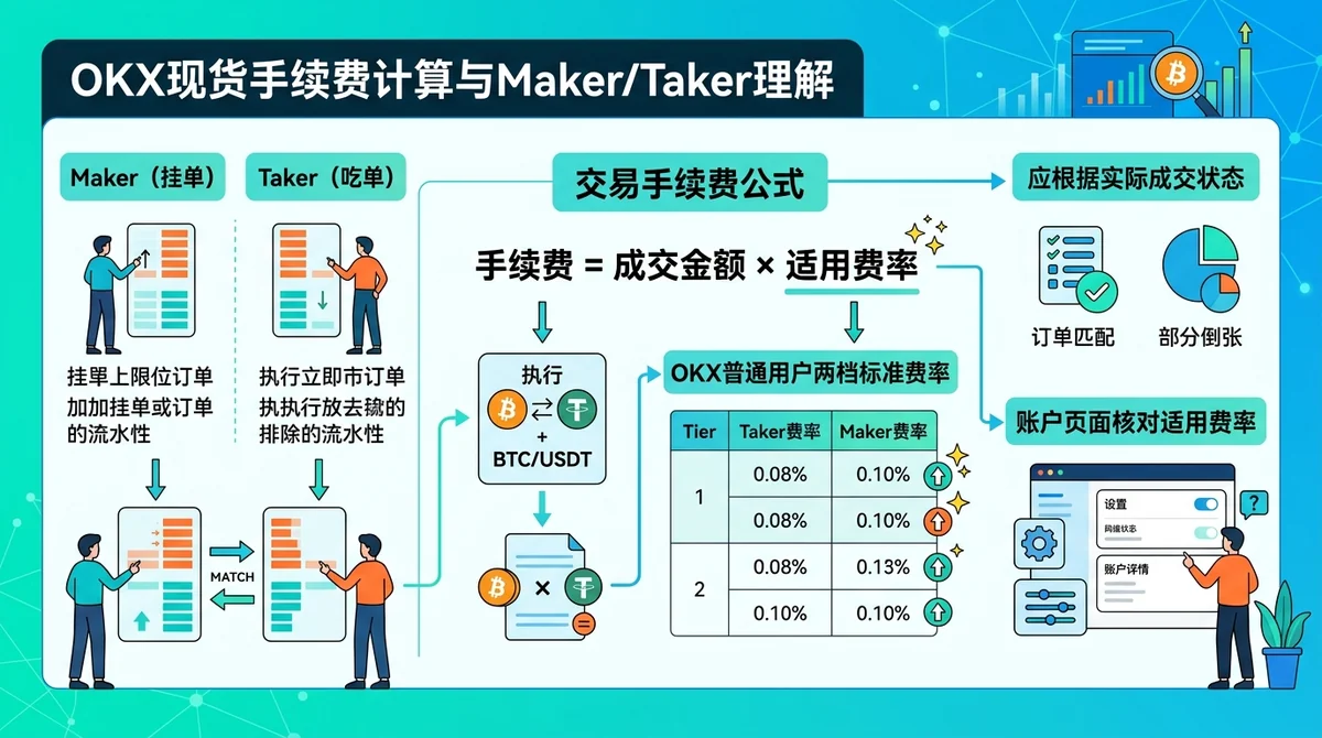 OKX现货手续费计算与Maker/Taker理解信息图，展示交易手续费公式、OKX普通用户两档标准费率，以及应根据实际成交状态和账户页面核对适用费率的提示。