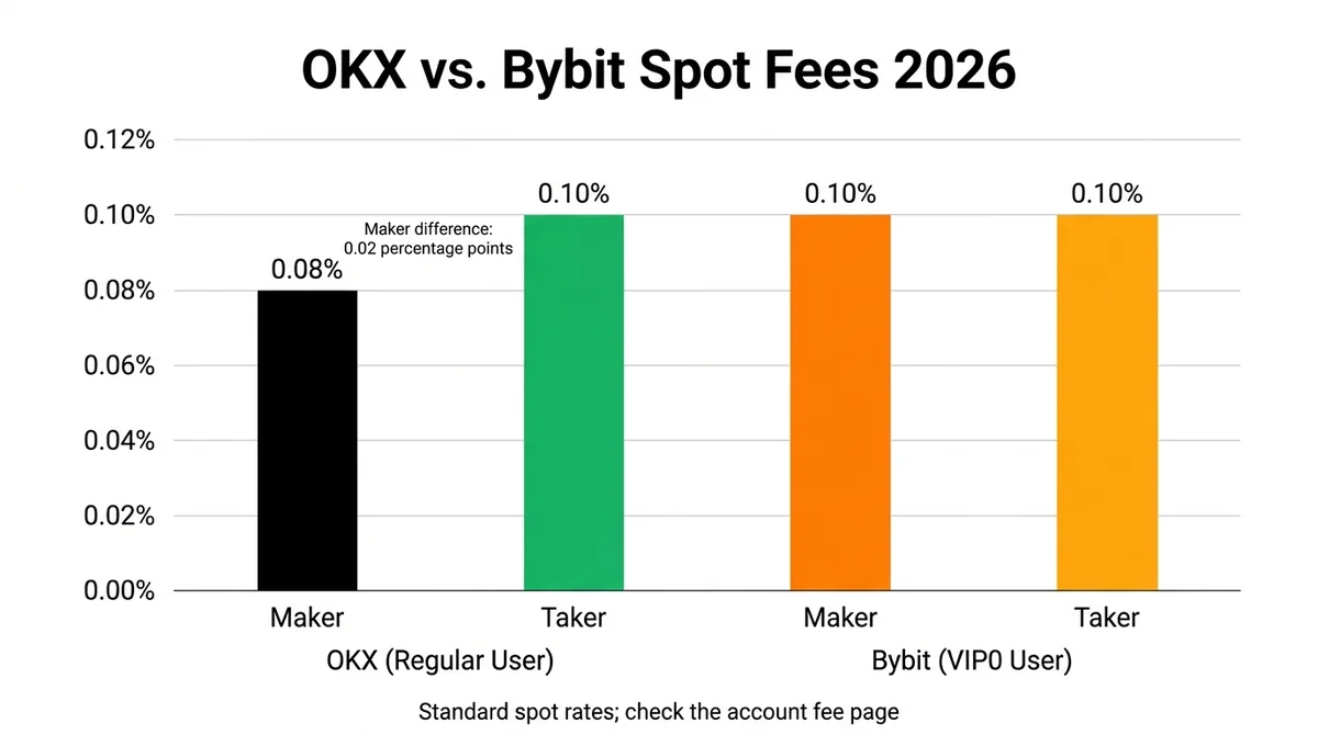Wide 16:9 horizontal comparison chart titled "OKX vs. Bybit Spot Fees 2026", with a grouped vertical bar chart for OKX regula