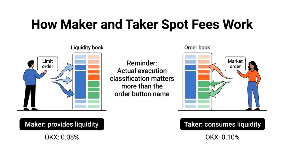 Wide 16:9 horizontal educational infographic titled "How Maker and Taker Spot Fees Work", using a left-to-right flow. On the