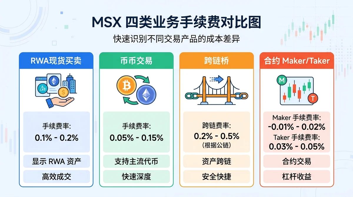MSX四类业务手续费对比图，按RWA现货买卖、币币交易、跨链桥和合约maker/taker分别列出具体费率，帮助读者快速识别不同交易产品的成本差异。