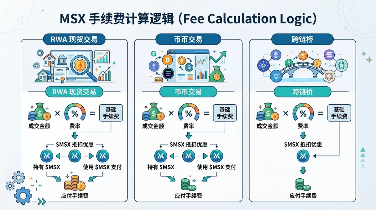 MSX手续费计算逻辑信息图，区分RWA现货、币币交易和跨链桥三种业务，并展示成交金额乘以费率的计算关系及$MSX抵扣优惠。