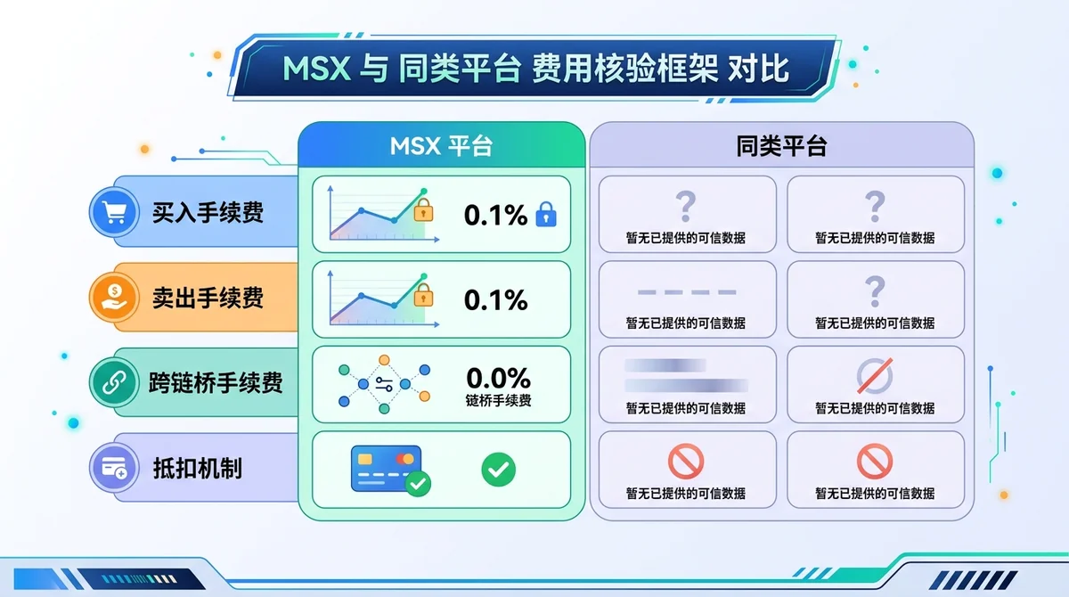 MSX与同类平台费用核验框架对比图，以买入手续费、卖出手续费、跨链桥手续费和抵扣机制为比较维度；MSX展示已确认数字，同类平台栏标注暂无已提供的可信数据。