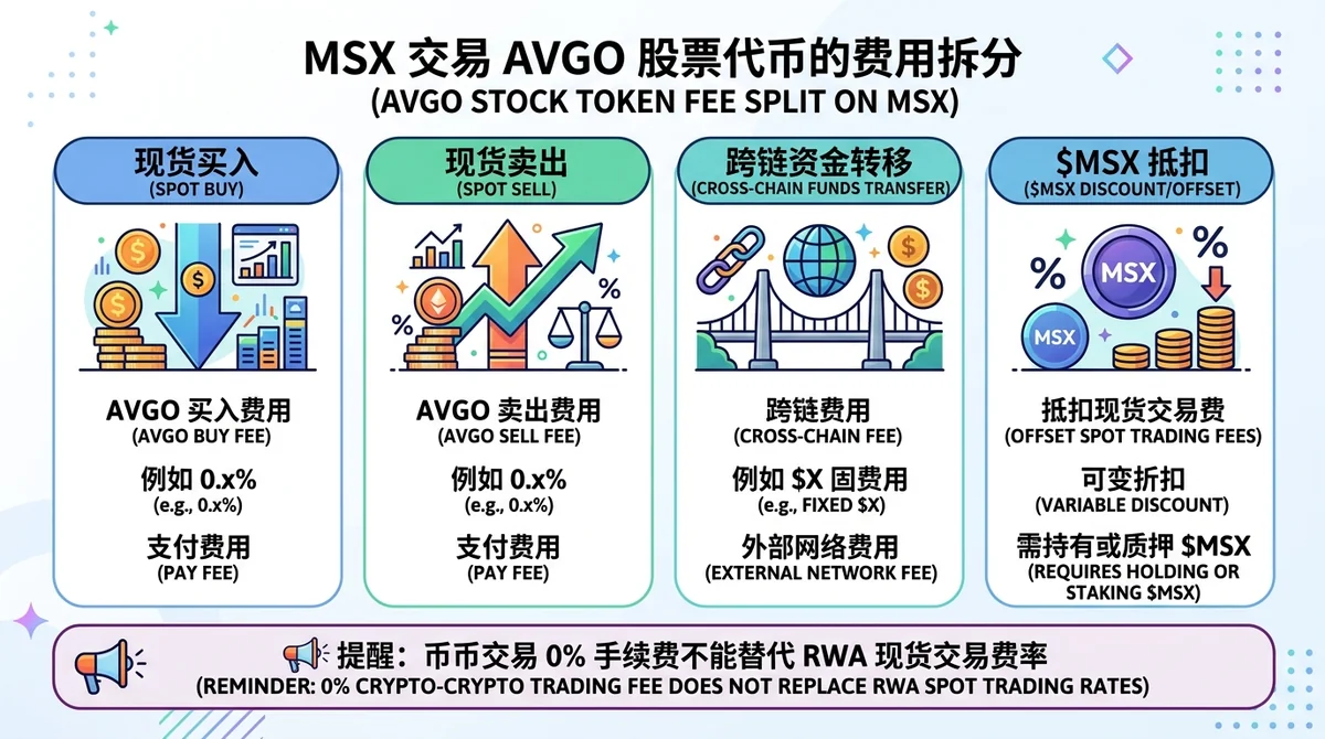 MSX交易AVGO股票代币的费用拆分信息图，将现货买入、现货卖出、跨链资金转移和$MSX抵扣分别呈现，并提醒币币交易0%不能替代RWA现货费率。