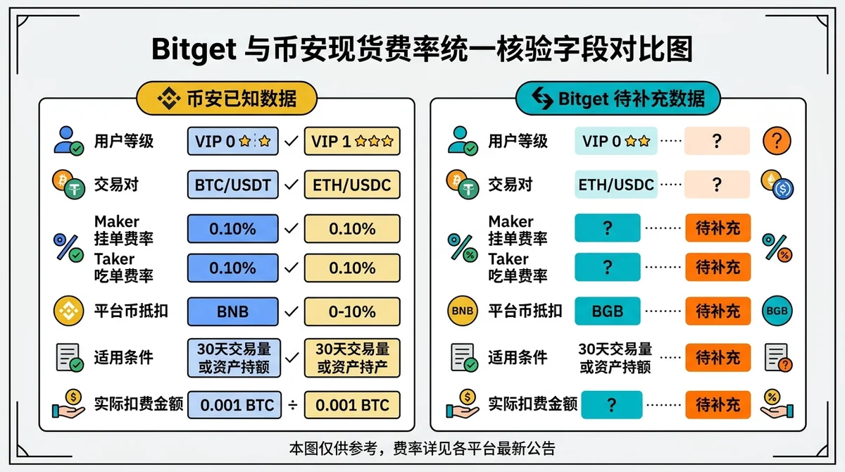 Bitget与币安现货费率统一核验字段对比图:并列展示用户等级、交易对、Maker、Taker、平台币抵扣、适用条件和实际扣费金额,币安已知数据与Bitget待补充数据明确区分。