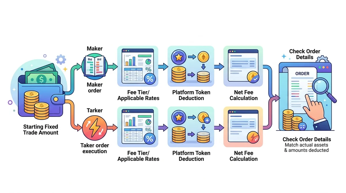 现货交易成本计算信息图:从固定成交额开始,区分Maker或Taker成交类型,套用适用费率,再分别记录平台币抵扣前后金额,最后核对订单详情中的实际扣费资产和金额。