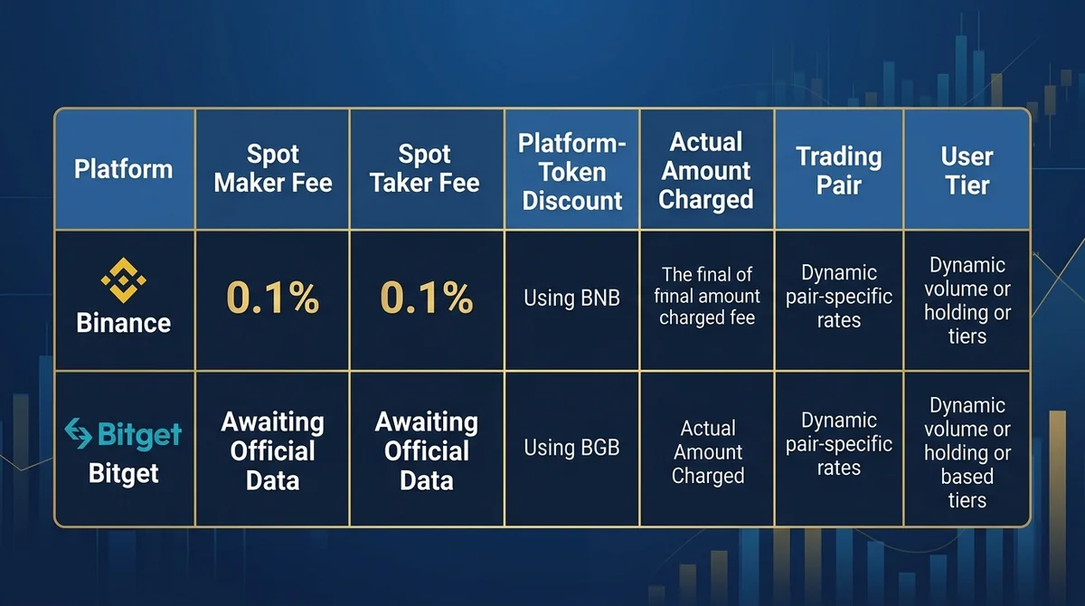 Wide 16:9 horizontal comparison chart, centered table fully visible and filling the frame, compare Bitget and Binance spot fe