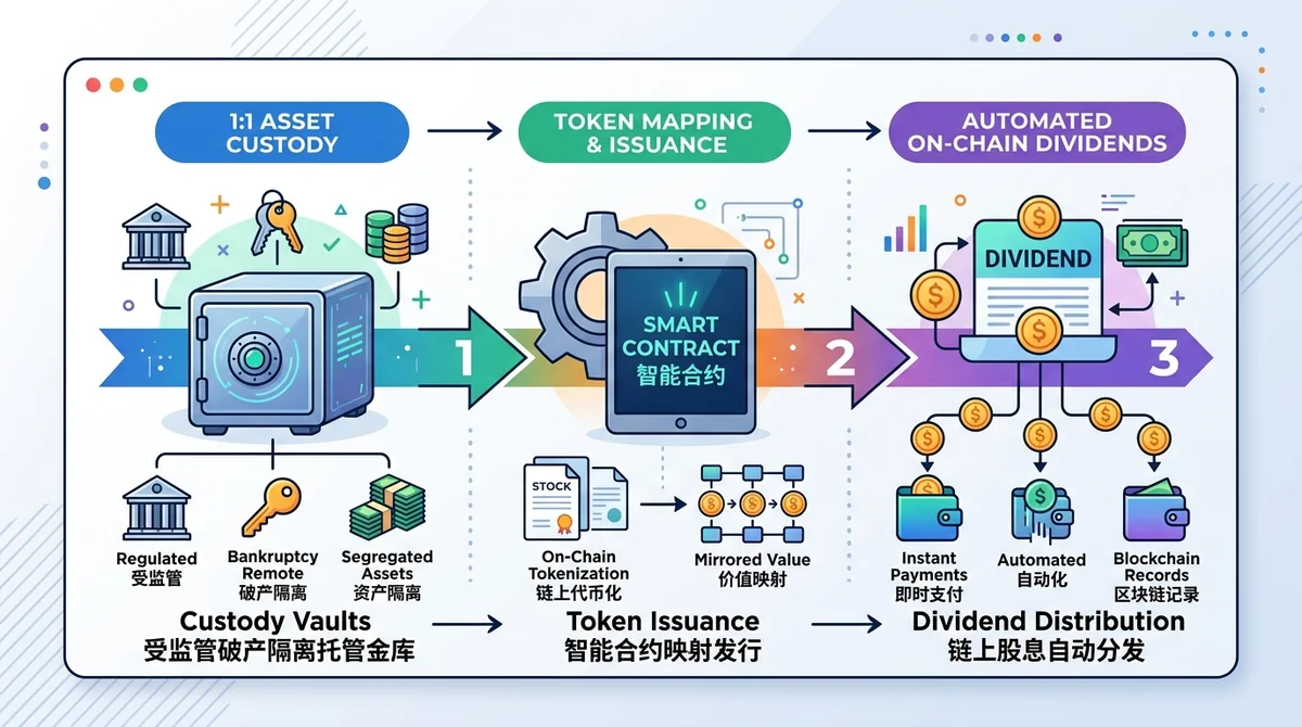 Coinbase 代币化股票 1:1 托管与自动分红流程图：涵盖受监管破产隔离托管金库、智能合约映射发行、链上股息自动分发三个核心环节