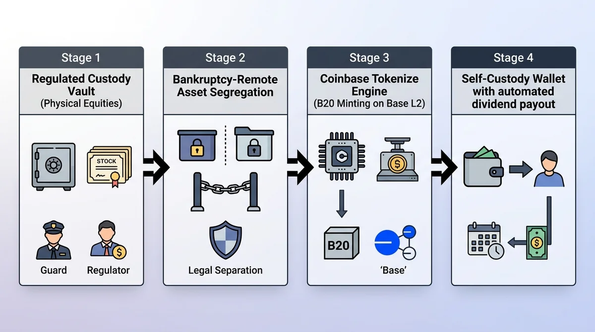 Wide 16:9 horizontal technical infographic flowchart displaying a four-stage process from left to right: 1. Regulated Custody
