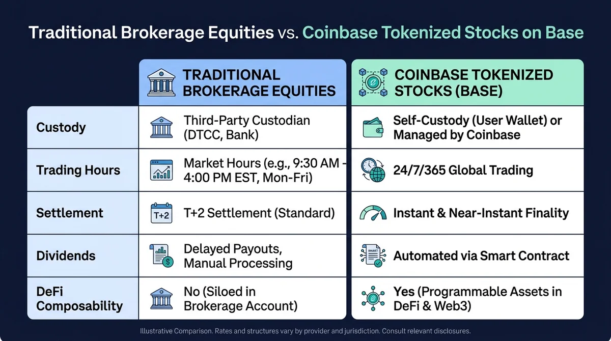 Wide 16:9 horizontal comparison chart graphic comparing 'Traditional Brokerage Equities' versus 'Coinbase Tokenized Stocks (B
