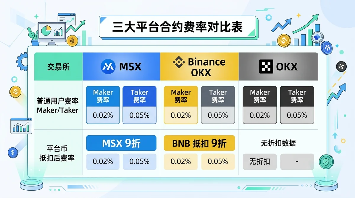 三大平台合约费率对比表，包含普通用户 maker/taker 费率以及平台币抵扣后费率（MSX 9 折、Binance BNB 9 折，OKX 无折扣数据）