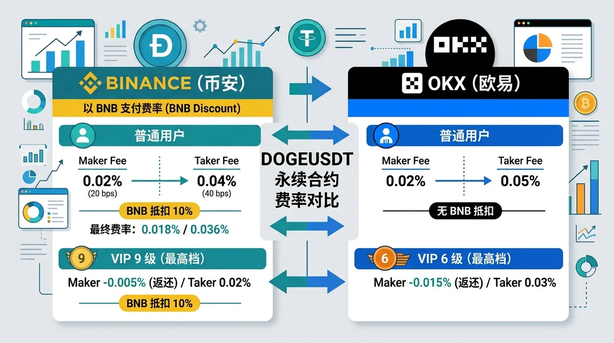 对比 Binance 与 OKX 的 DOGEUSDT 永续合约费率,包括普通用户 Maker/Taker 和 VIP 高档费率,标注 BNB 折扣信息。