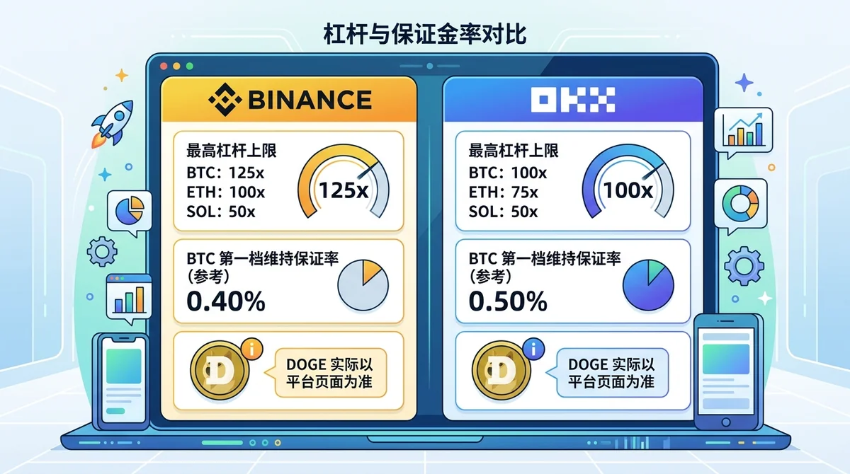 对比 Binance 与 OKX 的最高杠杆上限,以及 BTC 第一档维持保证金率(作为参考),并提示 DOGE 实际以平台页面为准。