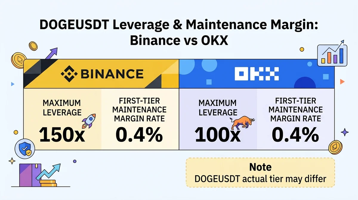 Wide 16:9 horizontal comparison chart showing maximum leverage for USDT-margined perpetuals: Binance 150x vs OKX 100x, and fi