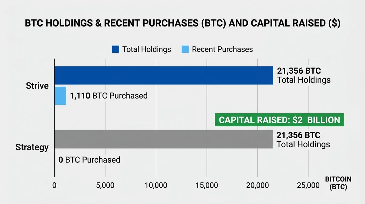 Wide 16:9 horizontal bar chart, two groups labeled in English 'Strive' and 'Strategy', bars show BTC amounts, Strive bar 1,11