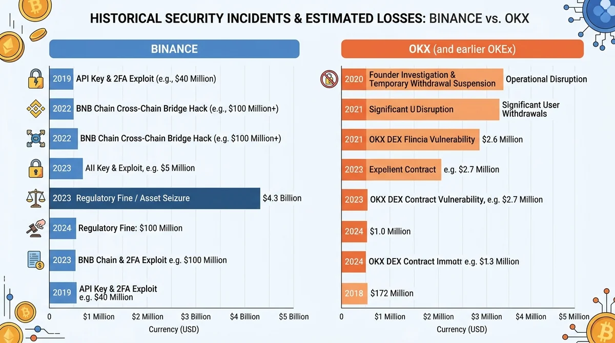 Binance 与 OKX 历史安全事件损失金额横向柱状图，标注事件名称、年份和金额（美元）