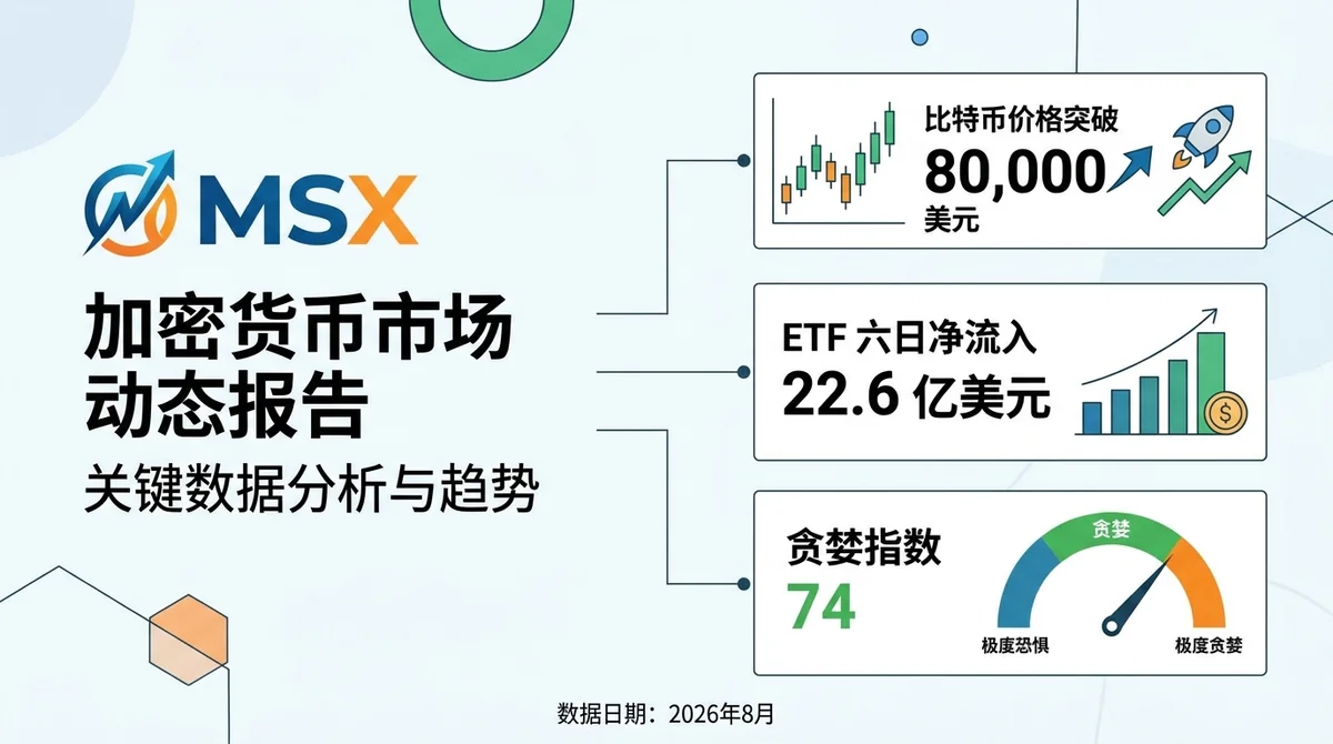 美国现货比特币ETF六日净流入22.6亿美元：BTC重返80K、8月涨25%与贪婪指数74 2026