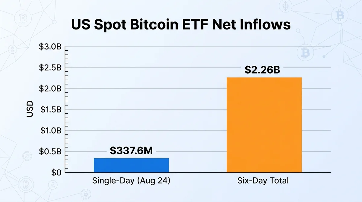 Wide 16:9 horizontal bar chart comparing two values: single-day net inflow $337.6M and six-day cumulative net inflow $2.26B,