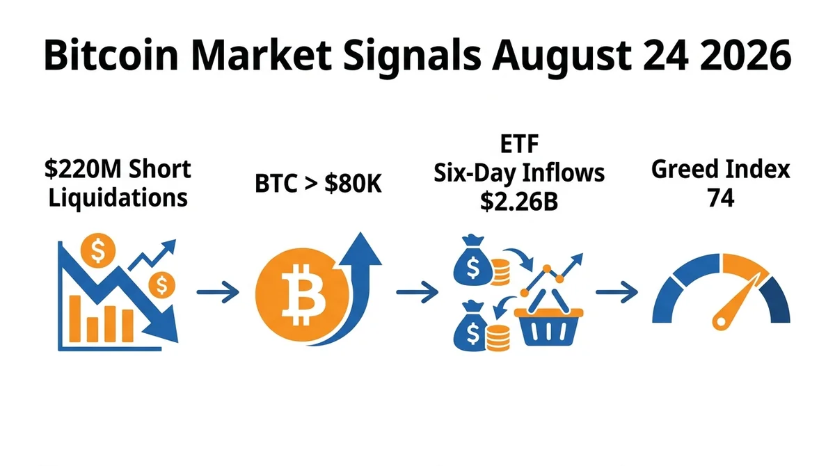 Wide 16:9 horizontal infographic with four connected step icons in a left-to-right flow: '$220M short liquidations', 'BTC > $