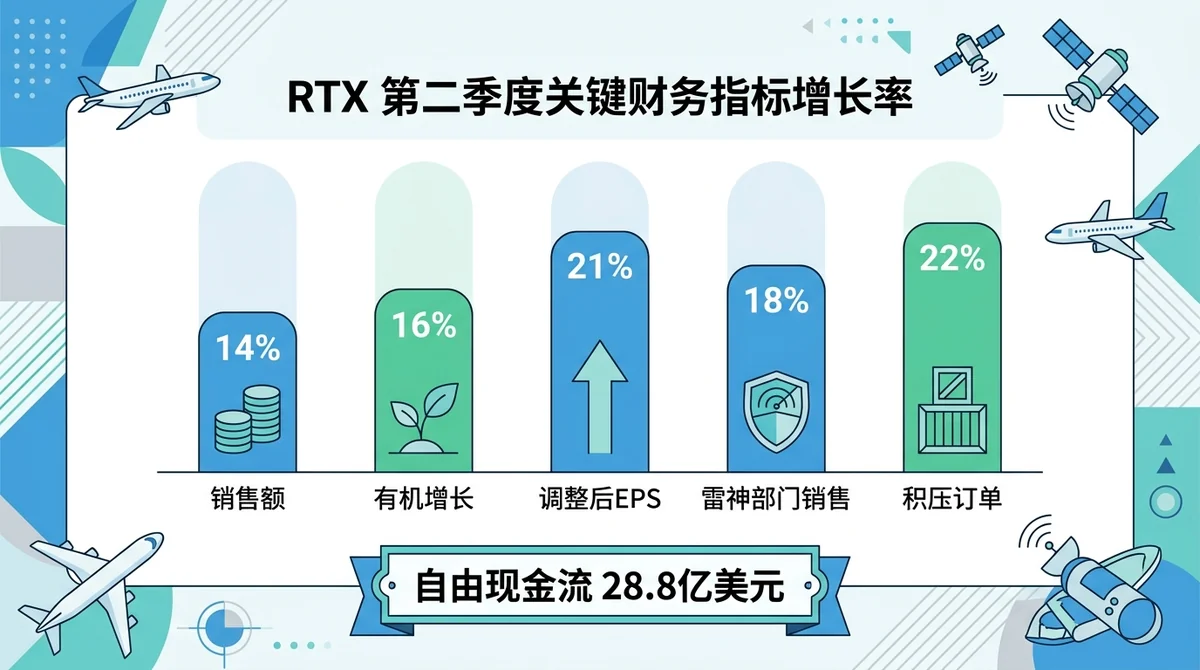 RTX 第二季度关键财务指标增长率柱状图：销售额增长14%，有机增长16%，调整后EPS增长21%，雷神部门销售增长18%，积压订单增长22%。自由现金流28.8亿美元单独标注。展示航空航天业务强劲。