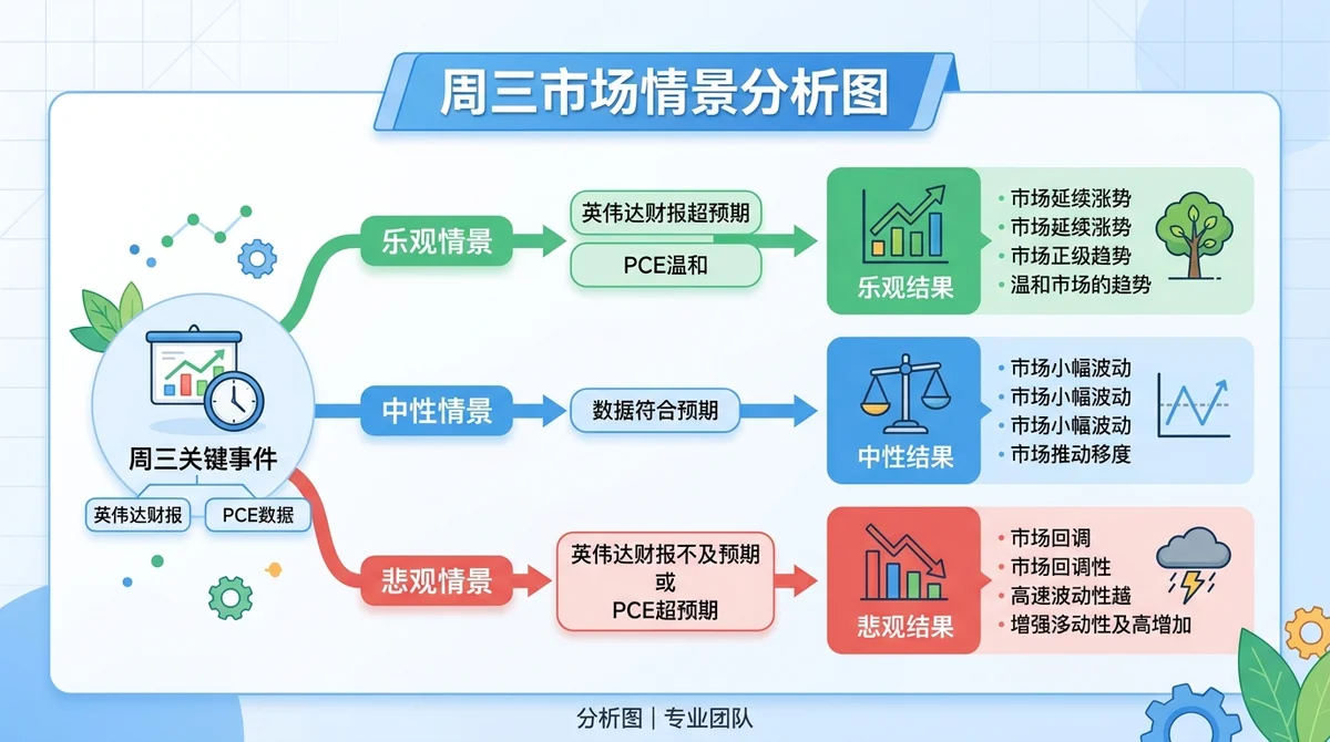 周三市场情景分析图：展示三种可能情景（乐观、中性、悲观）及其触发条件。乐观：英伟达财报超预期且PCE温和，市场延续涨势；中性：符合预期，市场小幅波动；悲观：英伟达不及预期或PCE超预期，市场回调。用流程图/分支形式展示。