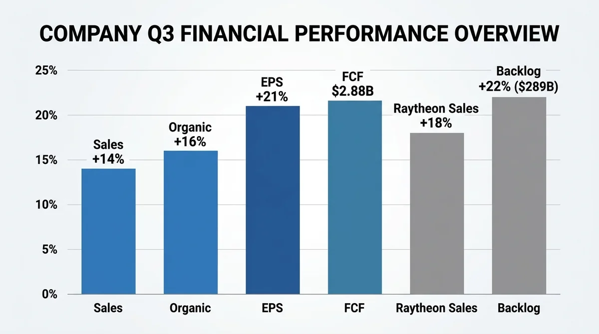 Wide 16:9 horizontal bar chart, six vertical bars labeled in English: sales +14%, organic +16%, EPS +21%, FCF $2.88B, Raytheo