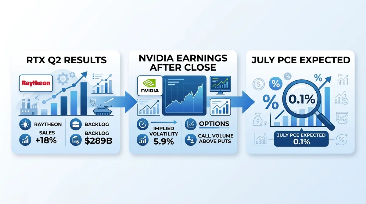 Wide 16:9 horizontal infographic, three connected panels with arrows, left panel RTX Q2 results with Raytheon sales +18% and
