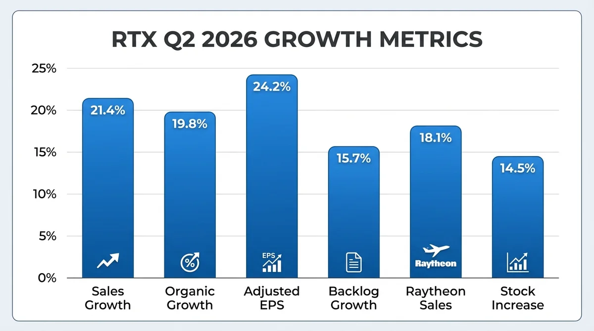 Wide 16:9 horizontal bar chart, vertical bars for six RTX Q2 2026 growth metrics, x-axis labels in English: Sales Growth, Org