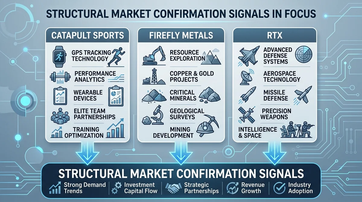 Wide 16:9 horizontal infographic, three columns for Catapult Sports, FireFly Metals, and RTX, each column with company name,