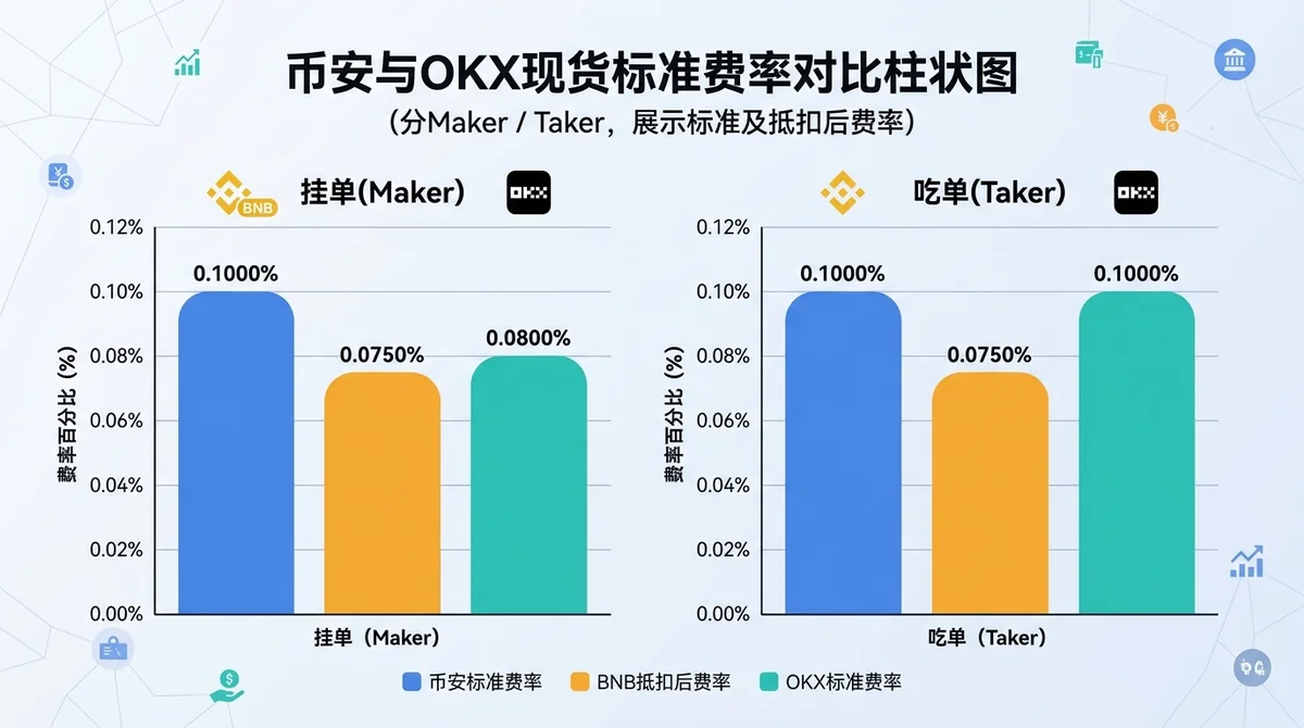 币安与OKX现货标准费率对比柱状图，分Maker/Taker，展示币安标准费率、BNB抵扣后费率及OKX标准费率，标注具体百分比