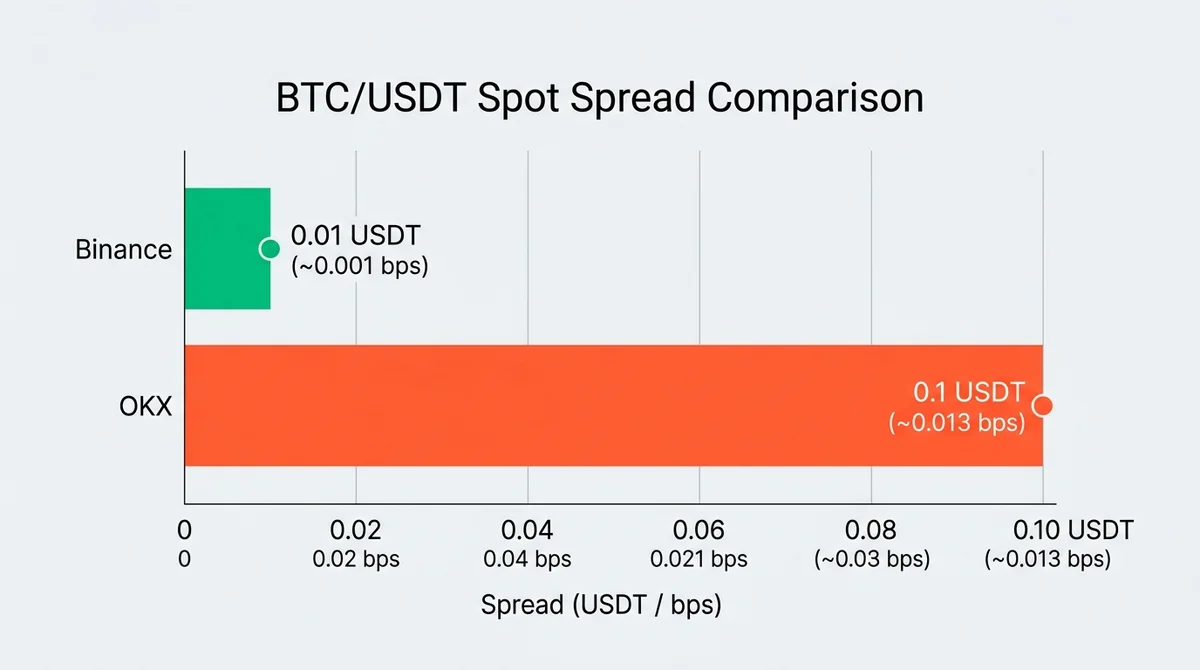 BTC/USDT现货点差对比柱状图：币安$0.01（约0.001 bps）vs OKX$0.1（约0.013 bps），视觉突出币安点差更窄