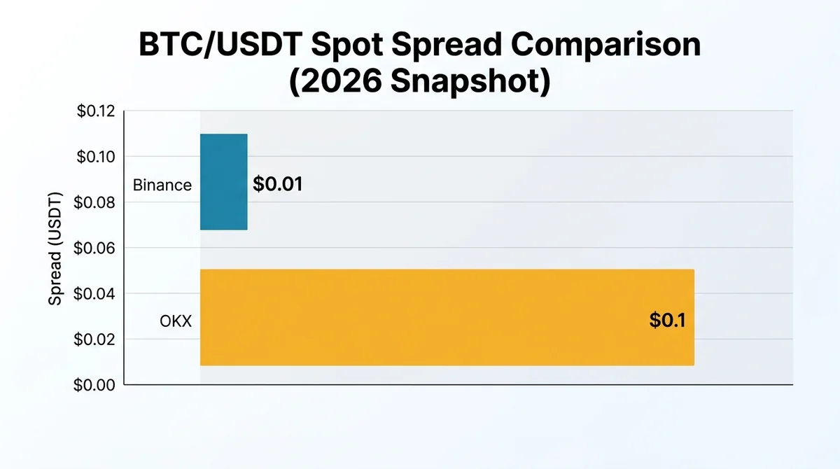 Wide 16:9 horizontal bar chart comparing BTC/USDT spot spread between Binance and OKX, two bars with $0.01 and $0.1 values, l