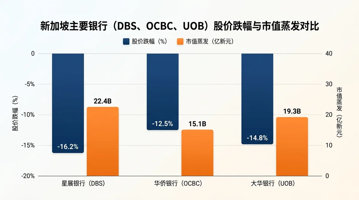 新加坡主要银行（DBS、OCBC、UOB）股价跌幅与市值蒸发对比柱状图
