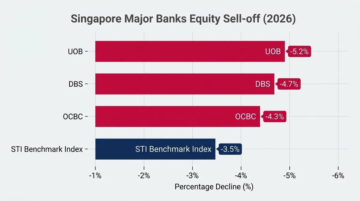 Wide 16:9 horizontal bar chart comparing market declines for Singapore banks. Clean financial vector chart displaying horizon