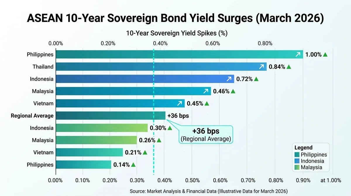 Wide 16:9 horizontal column chart illustrating 10-year sovereign bond yield spikes in ASEAN markets. Vertical comparison bars