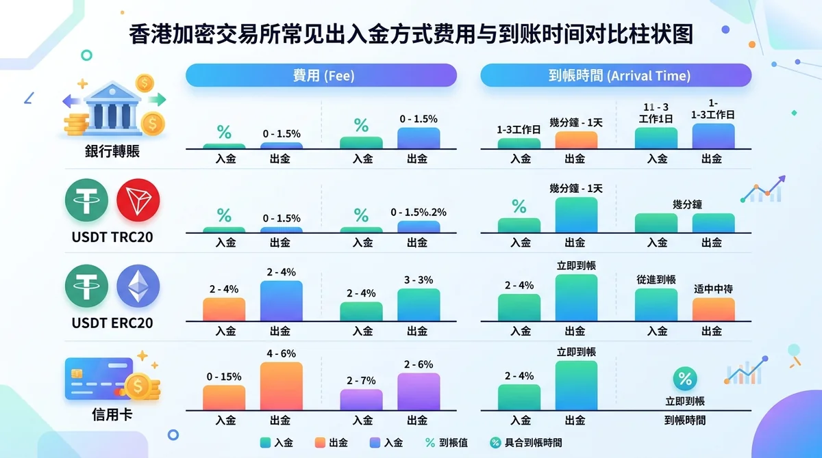 香港加密交易所常见出入金方式费用与到账时间对比柱状图,包括银行转账、USDT TRC20、USDT ERC20、信用卡等