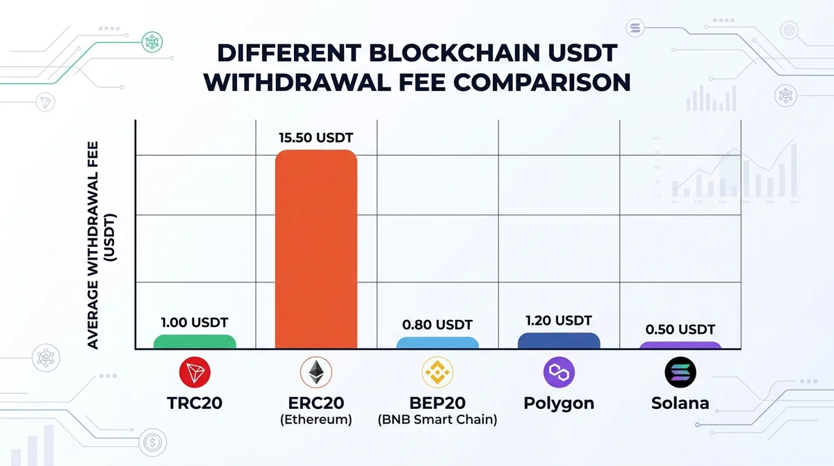 不同区块链网络(TRC20/ERC20/BEP20等)的USDT提币手续费对比条形图