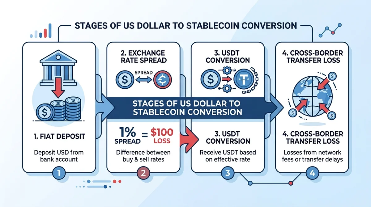 Wide 16:9 horizontal infographic, flow diagram with four steps: fiat deposit, exchange rate spread, USDT conversion, cross-bo