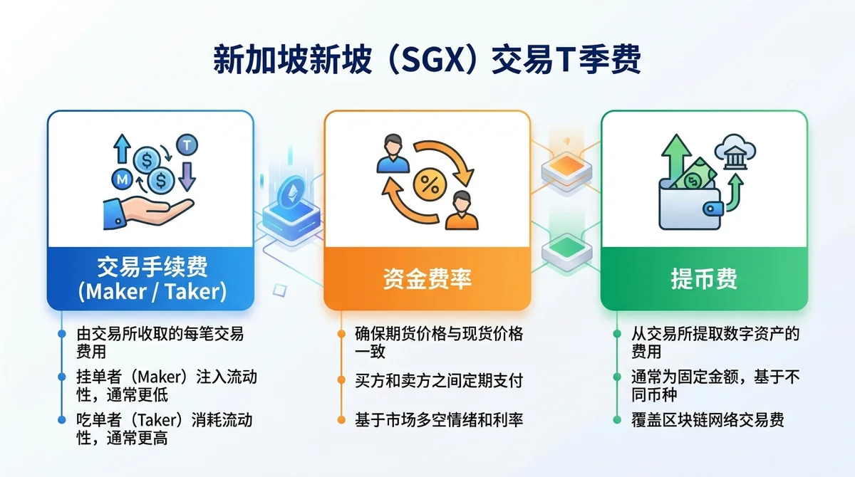 展示新加坡交易所手续费构成的三个主要部分：交易手续费（maker/taker）、资金费率、提币费，每个部分配图标和简短说明。