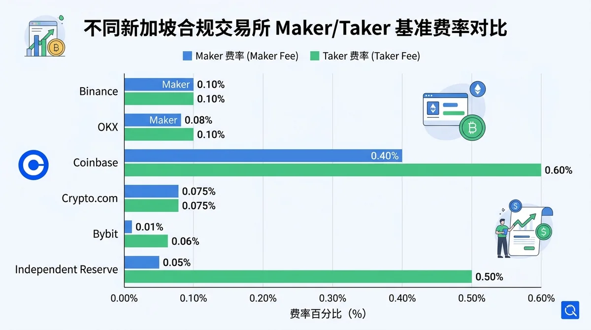 不同新加坡合规交易所（如Binance、OKX、Coinbase、Crypto.com、Bybit）的maker/taker基准费率对比柱状图，清晰标注费率百分比。