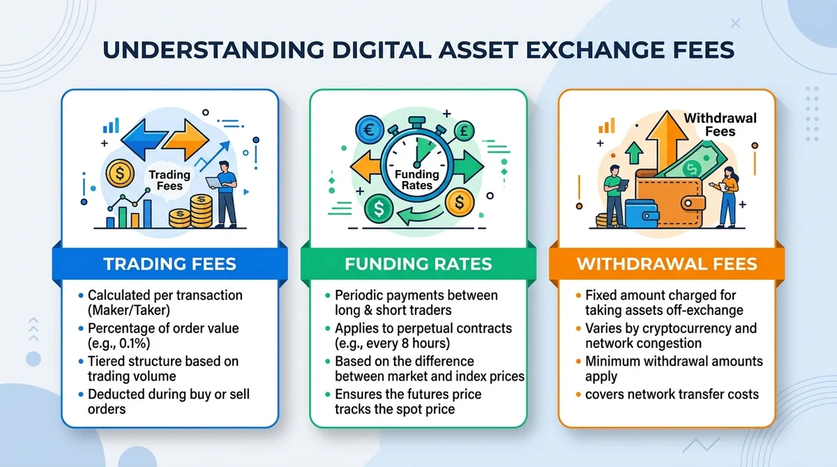 Wide 16:9 horizontal infographic with three columns, each column featuring an icon and bold English label: 'Trading Fees', 'F