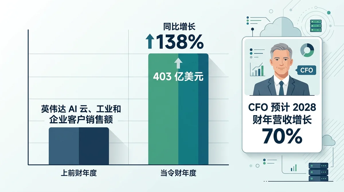 英伟达 AI 云、工业和企业客户销售额 403 亿美元，同比增长 138% 的柱状图，同时标注 CFO 预计 2028 财年营收增长 70%