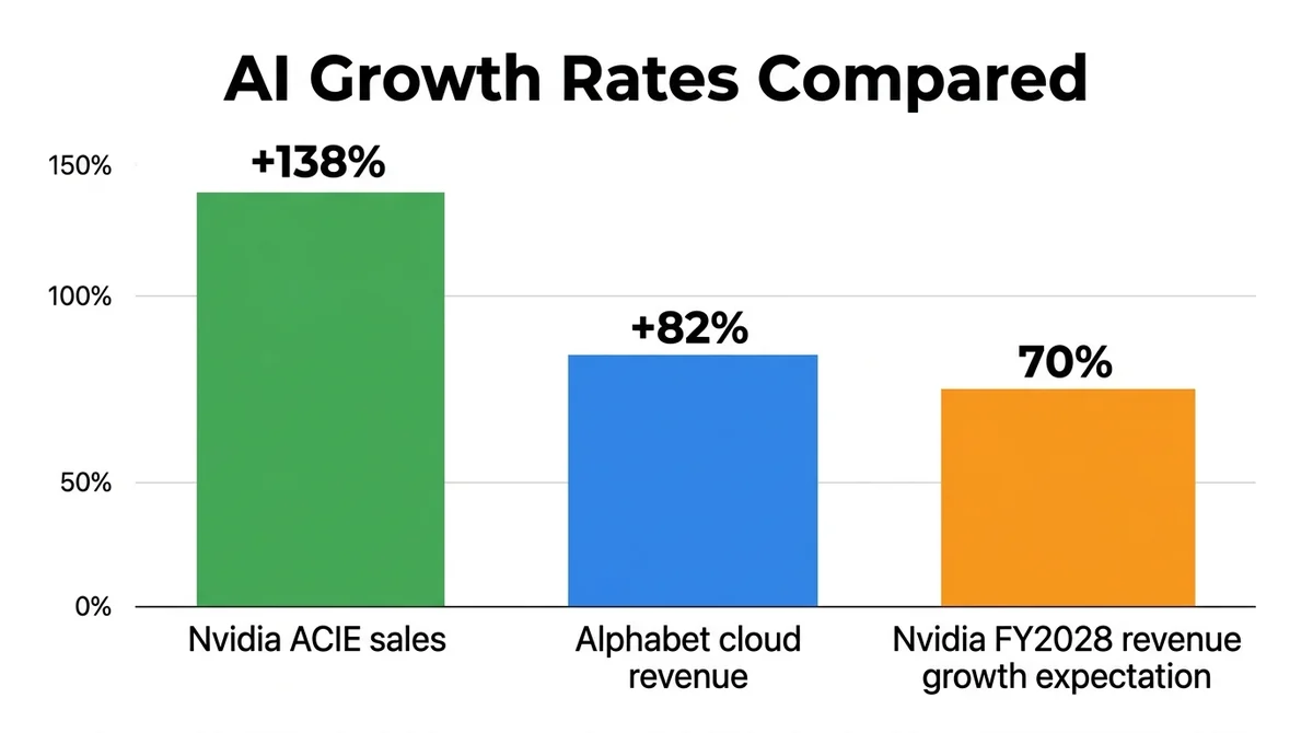 Wide 16:9 horizontal bar chart infographic, three vertical bars representing: Nvidia ACIE sales +138%, Alphabet cloud revenue