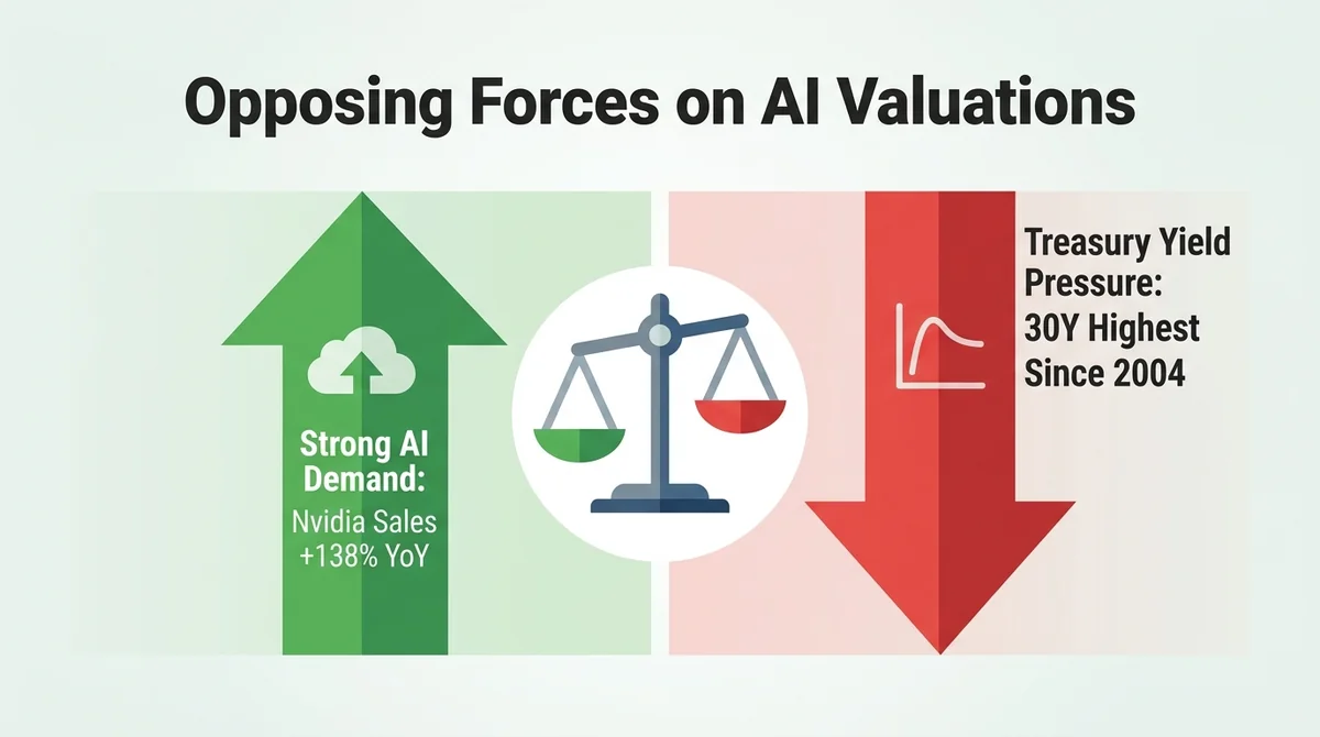 Wide 16:9 horizontal infographic, two-column layout: left column green upward arrow with cloud icon labeled 'Strong AI Demand