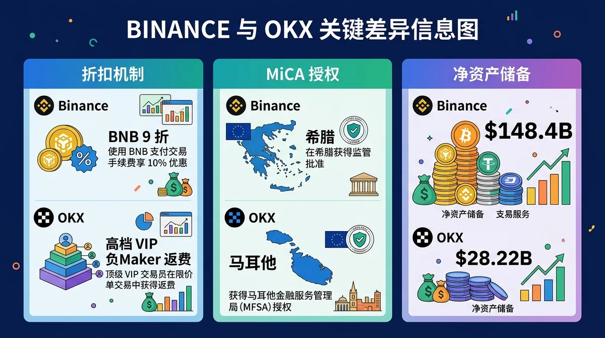Binance 与 OKX 关键差异信息图：左侧展示折扣机制（Binance BNB 9 折 vs OKX 高档 VIP 负 Maker 返费），中间展示 MiCA 授权（希腊 vs 马耳他），右侧展示净资产储备（$148.4B vs $28.22B